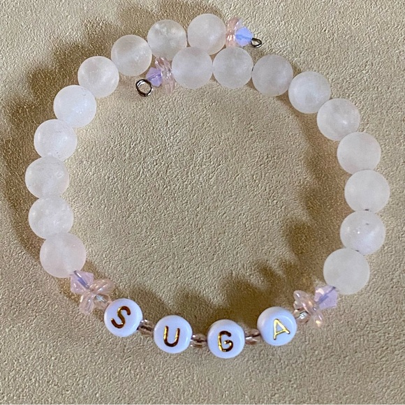 Hand Crafted Jewelry - New Suga BTS Soft Pink Glass Beads Silver-tone Hardwire Bangle